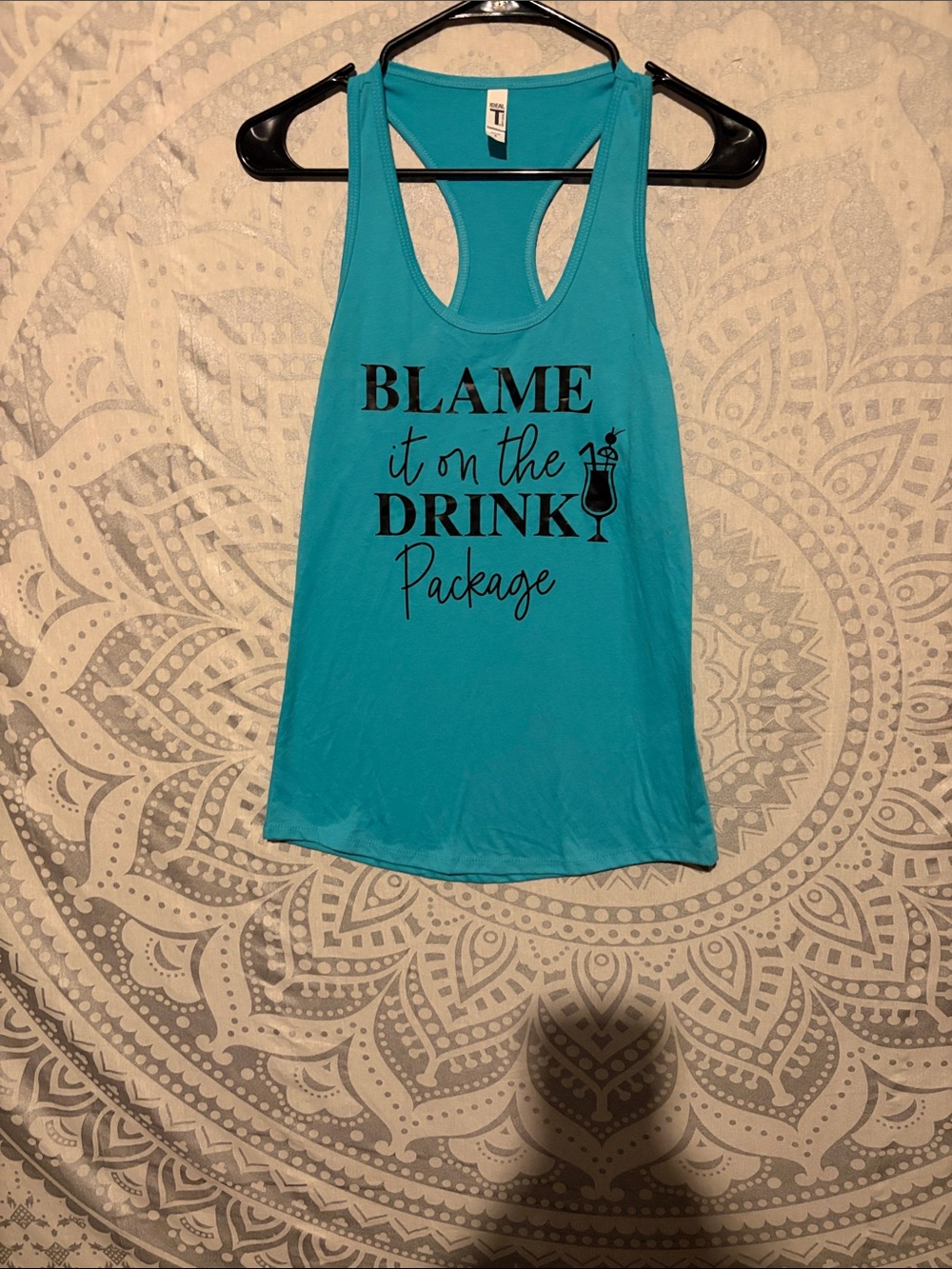 BLAME It On The Drink Package Teal Racerback Tank Top size small